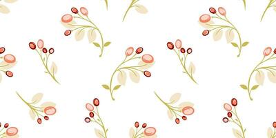 Minimalistic, seamless pattern with orange berries and leaves. Vector hand drawn colored decorative twigs leaf with randomly scattered drops