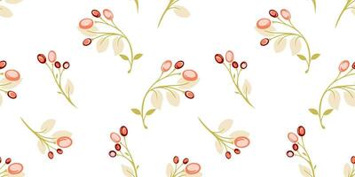 Minimalistic, seamless pattern with orange berries and leaves. Vector hand drawn colored decorative twigs leaf with randomly scattered drops