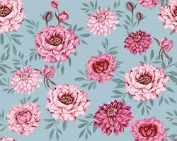 Seamless ornate blooming peonies, flowers buds with leaves pattern. Artistic, vintage, colorful, elegant floral print. Vector hand drawn. Template for design, textile, fashion, fabric, wallpaper