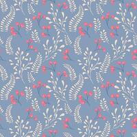 Blue pastel seamless pattern with creative berries branches and leaves stem and drops. Vector hand drawn sketch. Retro simple background with tiny floral leaf stems. Design for fashion, fabric