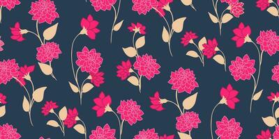 Abstract stylized branches flowers and buds with leaves seamless pattern. Vector hand drawn. Colorful simple floral printing on a dark background. Design for fashion, fabric, wallpaper.