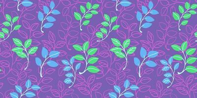 Trendy vibrant branches leaves seamless pattern on a purple background. Vector hand drawn. Abstract shape leaf stems texture print. Design for textile, fashion, fabric