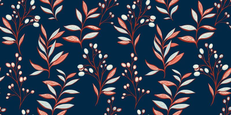Seamless pattern with abstract, artistic, stylized leaves, branches berries, stems. Vector hand drawn. Monotone creative dark floral leaf print. Template for design