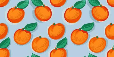 Seamless pattern with hand drawn colorful orange apricot or peach on a blue back. Abstract, stylized, vibrant fruits in a vector. Summer background print. Template for design vector