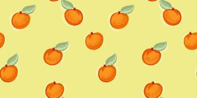 creativo brillante naranja albaricoque o melocotón sin costura modelo en un amarillo antecedentes. vector mano dibujado bosquejo garabatear. verano frutas ilustración para impresión. modelo para diseño, textil, Moda