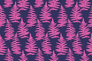 Seamless trendy  creative pink branches leaves fern pattern. Vector hand drawn sketch. Abstract shape silhouettes leaf stems print on a dark blue background. Design for fabric, textile, fashion