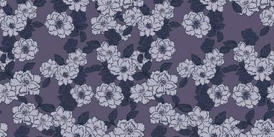 Creative simple grey flowers and leaves seamless pattern.  Blooming abstract floral print on a dark background. Vector hand drawn. Template for design