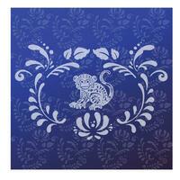 postcard monkey, macaque blue and white in ethnic Russian style, symbol of the year, vector illustration