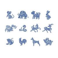 Set of eastern horoscope symbols with drawn blue ethnic flowers, vector illustration eps 10