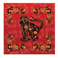 greeting card monkey with red and yellow in ethnic Russian style, symbol of the year, vector illustration