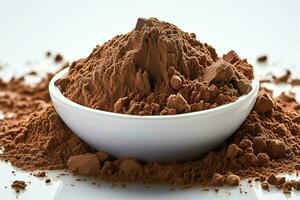 AI generated Chocolatey close up Full depth cocoa powder isolated on white backdrop photo