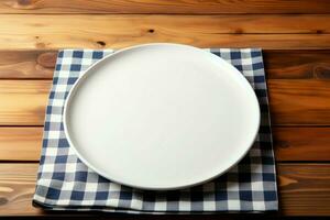 AI generated Minimalist setting White plate tray on wooden tablecloth, top view photo