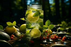 ai generado vibrante verano ambiente naturaleza inspirado beber, alimento, agua, verde, y hielo foto