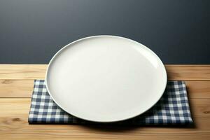 AI generated Neat presentation Top view of empty white plate tray photo