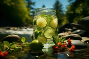 ai generado verano indulgencia naturaleza beber, alimento, agua, verde color, y hielo foto