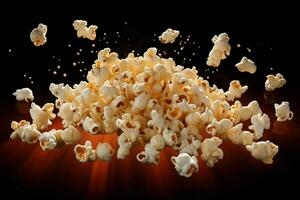 AI generated Popcorn extravaganza Isolated on black, capturing the flying delight photo