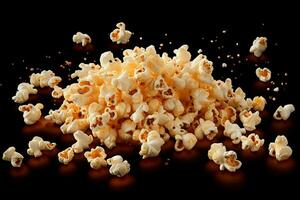 AI generated Isolated popcorn on black background, capturing the falling or flying photo