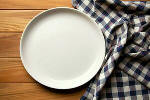 AI generated Simplicity in dining Empty white plate tray on tablecloth top photo