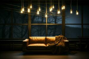 AI generated Cozy retreat Dark room adorned with the softness of lamp photo