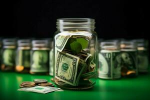 AI generated Investment idea dollar savings in a glass jar for stocks photo