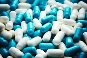 AI generated Healthcare palette Blue white antibiotic capsules symbolizing pharmaceutical industry concepts photo