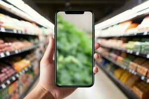 ai generado tienda de comestibles hojeada Mano teléfono a supermercado estantes, blanco pantalla Bosquejo foto