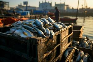 ai generado muelle comercio recién atrapado pescado ordenado en cajas para transporte foto