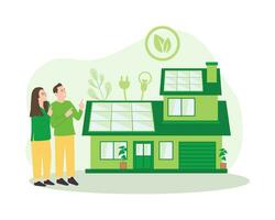 green living environment concept with solar panels house illustration template vector