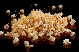 AI generated Popcorn extravaganza Isolated on black, capturing the flying delight photo