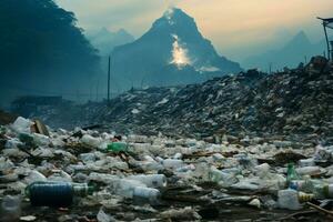 ai generado ambiental crisis montaña de basura, simbolizando contaminación y ambiental daño foto