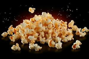 AI generated Flying delight Popcorn isolated on black background, close up snapshot photo