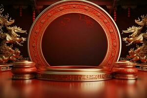 ai generado Extravagante 3d representación redondo etapa podio, chino festivales, rojo oro tema foto