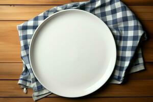 AI generated Simplicity in dining Empty white plate tray on tablecloth top photo