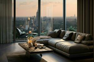 AI generated Chic living space Large window view, gray couch, black accents photo