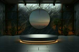 ai generado interior diseño 3d representación muestra un vacío plataforma en sala de exposición foto