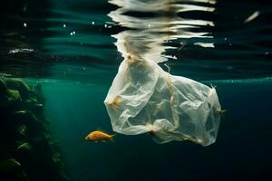 ai generado marina contaminación el plastico bolso perjudicialmente sumergido debajo el mar foto