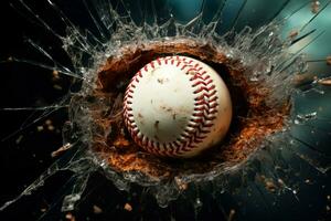 ai generado dinámica diseño elemento béisbol rotura mediante un destrozado ventana foto