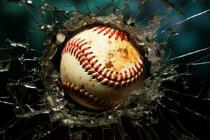 AI generated Visual impact Baseball penetrates broken glass for versatile design use photo