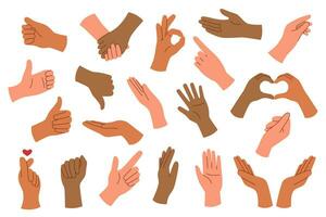 Set of hands of different skin tone with gestures isolated on white background. vector