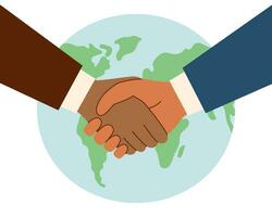 Handshaking hands of different skin tones in front of the planet. vector