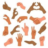 Set of hands different skin tone with gestures isolated on white background. vector