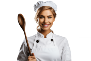 ai gerado fêmea chefe de cozinha vestindo avental, sorridente com batedor em transparente fundo. ai png