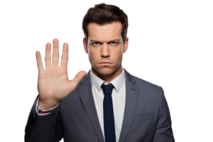 AI generated Serious Businessman with Stop Hand Gesture, Isolated on Transparent Background. AI png