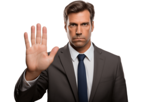 AI generated Serious Businessman with Stop Hand Gesture, Isolated on Transparent Background. AI png