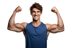 ai generiert glücklich männlich Athlet Biegen Muskel - - Gesicht Schuss isoliert auf transparent Hintergrund. ai png