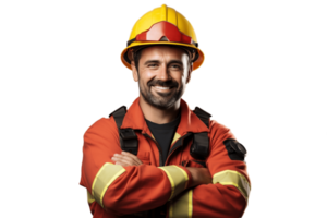 ai generado contento bombero cruce brazos aislado en transparente antecedentes. ai png