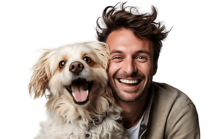 AI generated Happy Man and Pet Dog Face Shot Isolated on Transparent Background. AI png