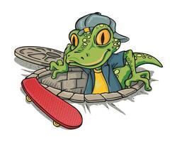 Hand-drawn vector illustration of a skateboarding lizard coming out of a manhole. Cartoon style art. Design for printing on t-shirts, posters, etc.