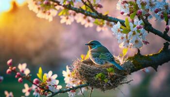 AI generated A beautiful bird rests in its nest amidst cherry blossoms that bloom in spring, with the warm glow of a setting sun. photo