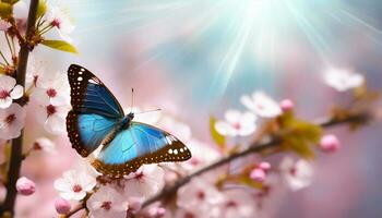 ai generado cerca arriba de un azul mariposa encaramado en un rosado Cereza florecer, iluminado por suave luz de sol, muestra el belleza de primavera foto